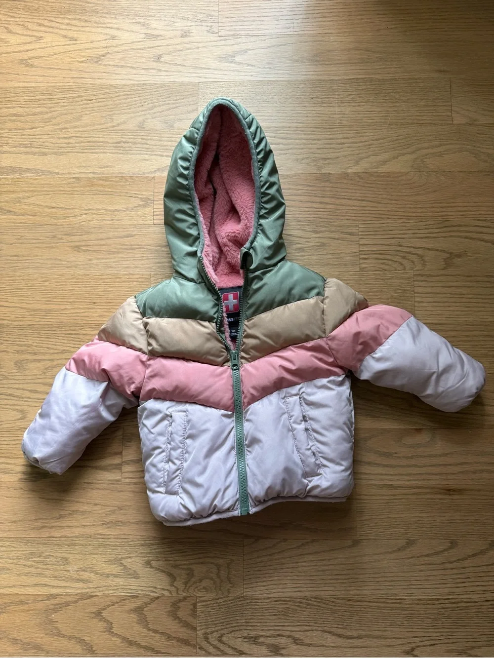 Swiss Tech Kids Colorblock Puffer Jacket in Green, Pink, Tan, and White